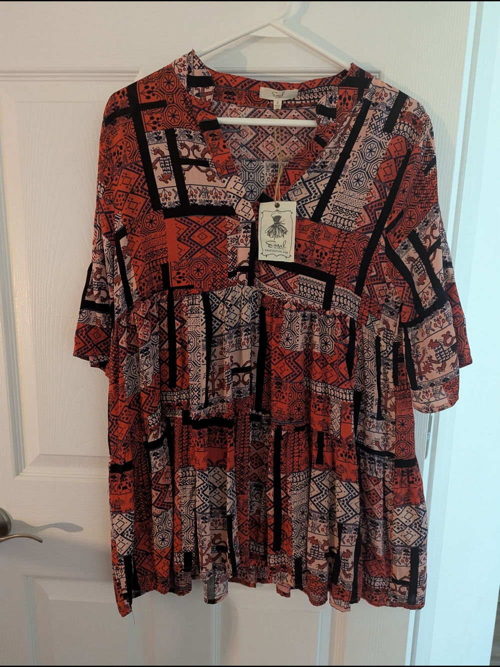 Boho Patchwork Print V-Neck Blouse in Rust